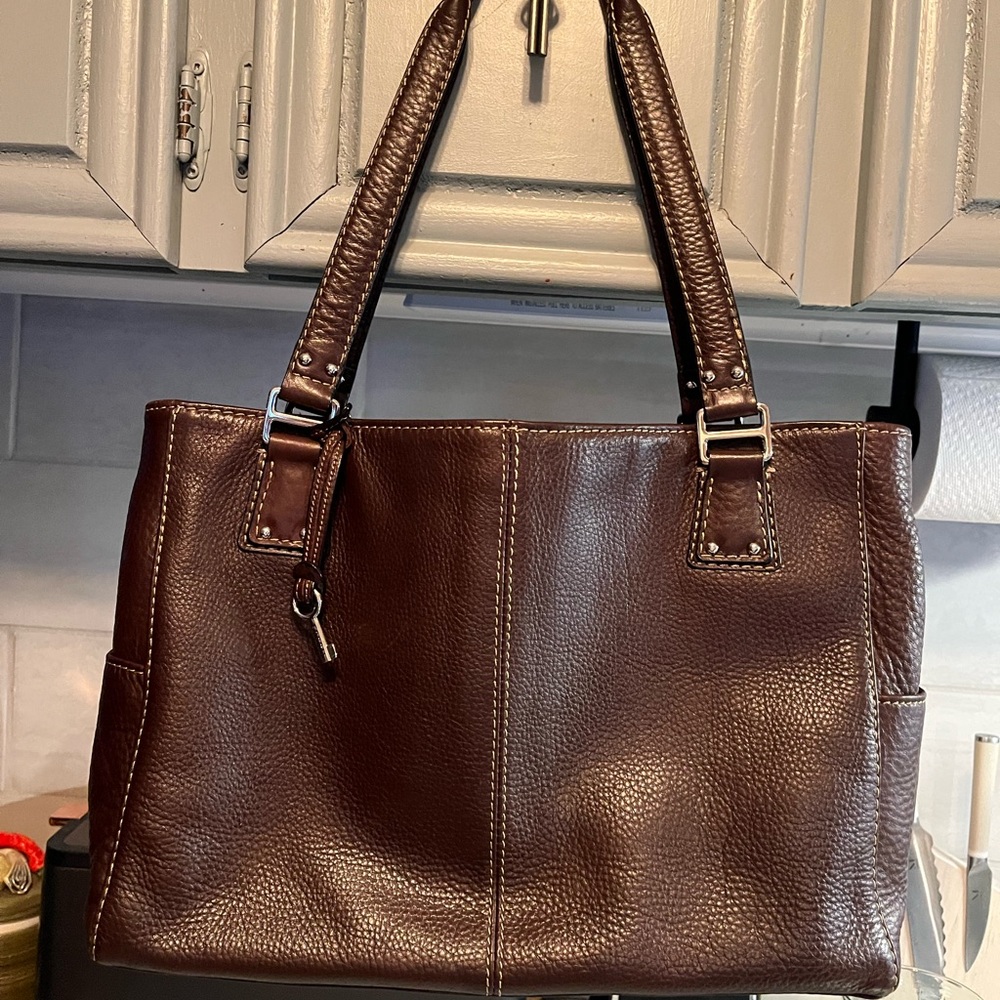 Fossil Dark Brown Espresso Leather Shopper Tote Double Handles Handbag